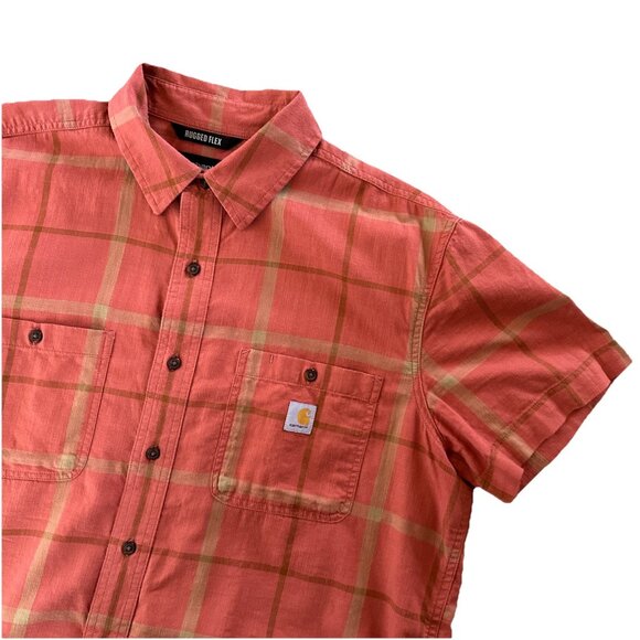 Carhartt Large Relaxed Rugged Flex Button Up Shirt Mens Orange Plaid Workwear - Picture 1 of 14